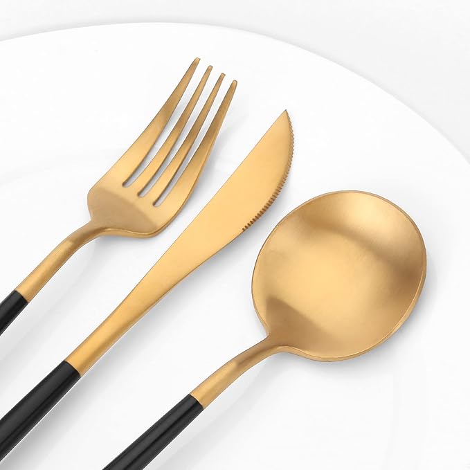 Matte Gold Silverware Set with black handle, Vanys 20 Piece Stainless Steel Cutlery Flatware Set, Kitchen Utensil Sets for 4, Tableware With Knife Spoons And Forks Set, Satin Finished Polished