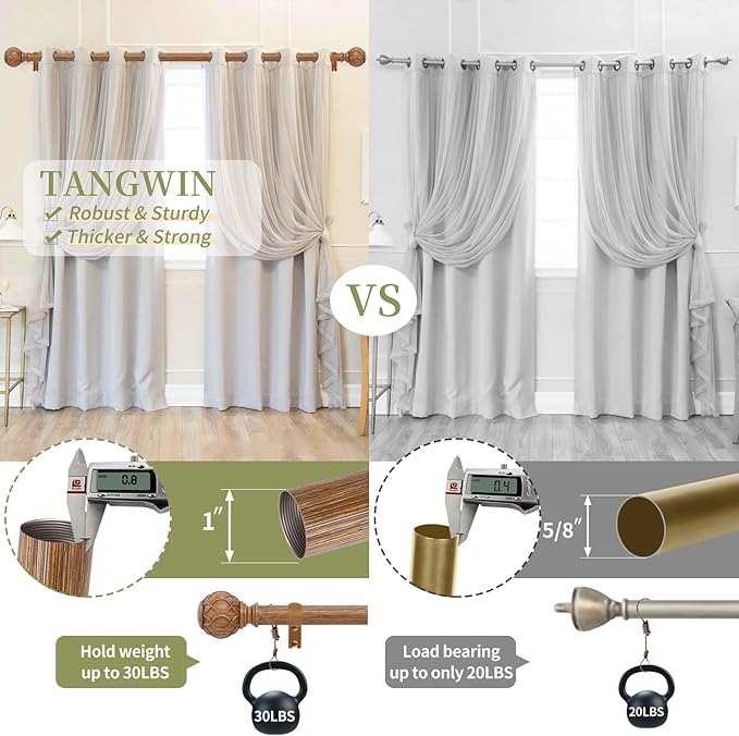 Wood Boho Curtain Rods for Windows:72-144Inch Wooden Farmhouse Curtain Rod for Bedroom Living Room,Heavy Duty Adjustable Rustic Decorative Drapery Rod with Vintage Imitation Wood Finial,Brown