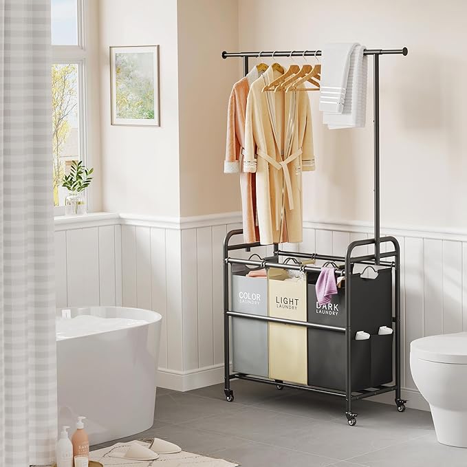 Tajsoon Laundry Sorter Cart with Hanging Clothes Rack, 3 Butler Sorter Basket Organizer, Laundry Hamper Cart with Heavy Duty Rolling Lockable Wheels, 3 Colors