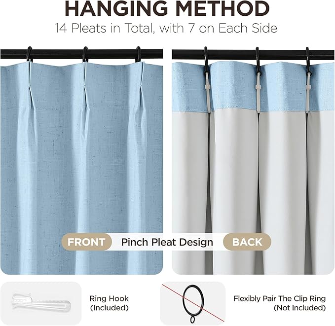 Joydeco Pinch Pleated Linen Curtains for Living Room, 100% Blackout Curtains 84 inches Long 2 Panel Thermal Insulated Pinch Pleat Drapes(Chambray Blue,40'' Wx84'' L)