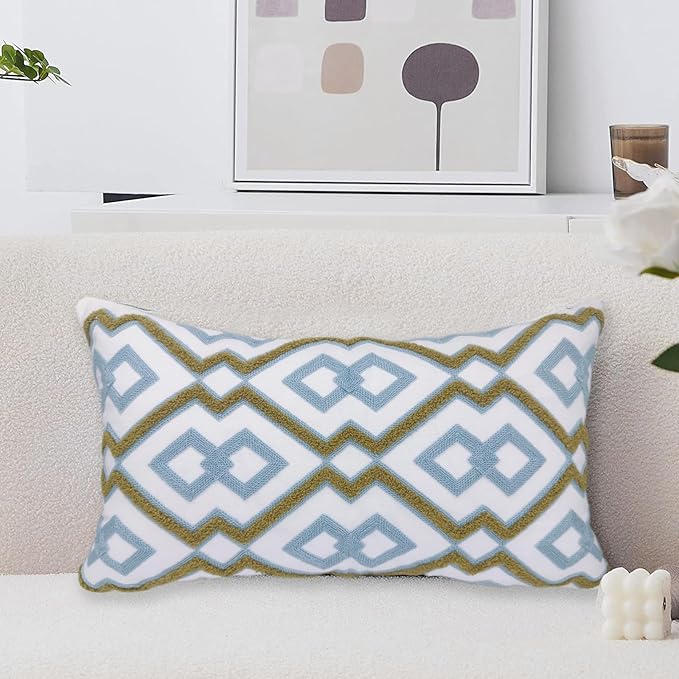 Alysheer Embroidered Lumbar Decorative Throw Pillow Cover 12"x 20", Classic Boho Geometric Embroidery Pattern Cotton Rectangular Cushion Case for Sofa Couch Living Room Bedroom (Blue Khaki)