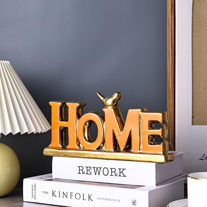 Love Sign Decoration - Orange & Gold Signs for Home Decor, Personalized Love Decor with Gold Bird Sculpture (2 Pcs)