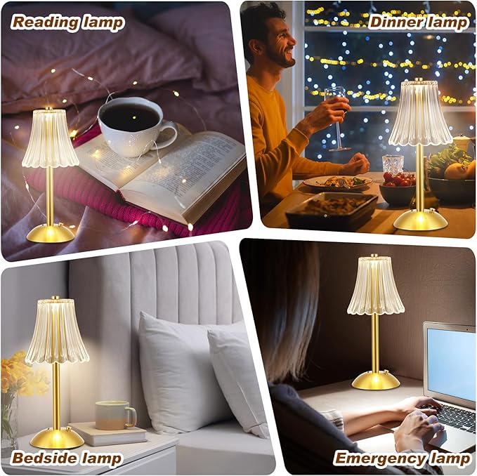 Liliful 1 Pcs LED Portable Cordless Table Lamp Touch Battery Operated Rechargeable Desk Lamp 3 Color Dimmable for Bedroom Living Room Dining (Rose Style,Gold)