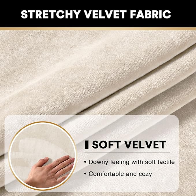 PrinceDeco Velvet Couch Cushion Cover Stretch Sofa Seat Covers Washable Cushion Slipcover for Chair Love Seat Sofa Cushion Furniture Protector Seat Cushion Sofa Cover (Each Width Up to 29.5", Ivory)