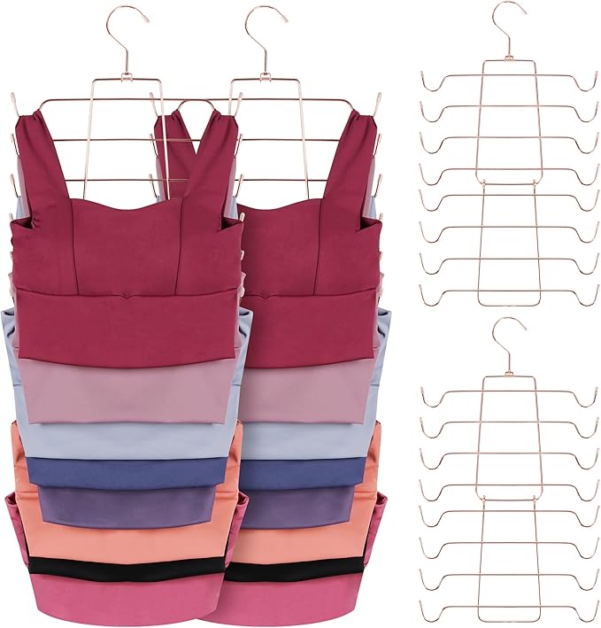 ZEDODIER Tank Top Hanger, 4 Pack Space Saving Bra Hangers, Non-Slip Hanging Sport Bras Holder, Closet Organizers and Storage for Camisoles Tank Tops Bras Ties Swimsuits Strappy Dress, Rose Gold