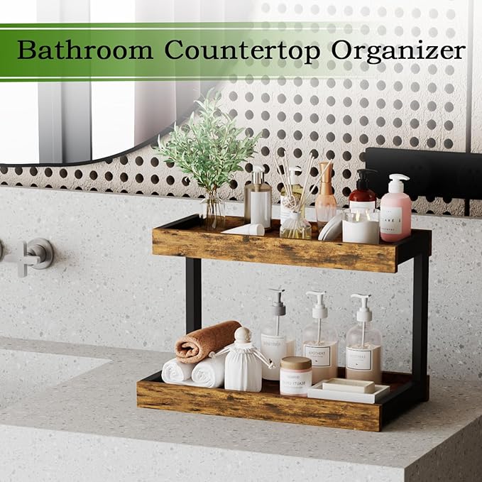 MARTY 2 Tier Spice Rack Organizer for Countertop, 15.8''L Coffee Station/Bathroom Organizer Countertop, Counter Shelf Desktop Storage Organizer for Kitchen, Bedroom, Office (Rustic Brown)