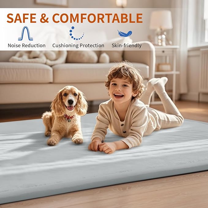 ACOMOPACK Baby Play Mat for Floor,1.3" Thick Memory Foam Area Rug for Living Room,Soft Velvet Crawling with Non-Slip Bottom for Kid,Toddler,79"×118" Tummy Time Nursery Rugs,Yoga（Light Grey）