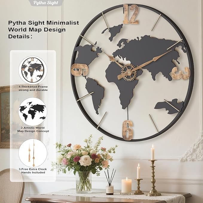 24 Inch Large Wall Clock,Modern Decorative Big World Map with Vintage Gold Arabic Numeral Extra Giant Metal Oversized Wall Clocks for Living Room,Office,Kitchen,Dining Room,Bedroom