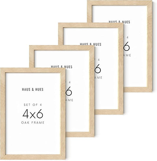 HAUS AND HUES Solid Oak 4x6 Picture Frame Set of 4 - Bulk Frames for Wall or Tabletop, Multiple Photos, Wooden Frames