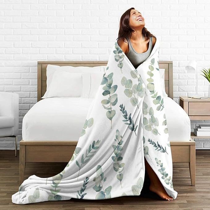 HGOD DESIGNS Watercolor Eucalyptus Flannel Fleece Bed Blanket Throw Blanket Lightweight Cozy Plush Blanket for Bedroom Living Rooms Sofa Couch 50"x60"