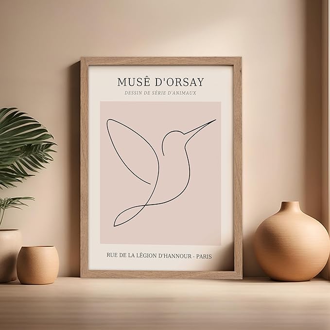 Poster Master Vintage Poster - Retro One Line Hummingbird Drawing Print - Bird Line Art - Minimal Gift for Him, Her, Animal Lover - Abstract Decor for Home, Office, 16x20 Beige Framed
