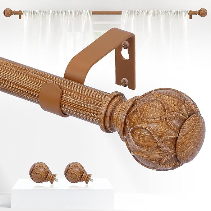 Wood Curtain Rods for Windows 66 to 120 Inch(5.5-10ft),1 Inch Adjustable Curtain Rod,Heavy Duty Curtain Rods,Wooden Netted Texture Drapery Rods,Single Window Curtain Rod 66-120",Brown Wood