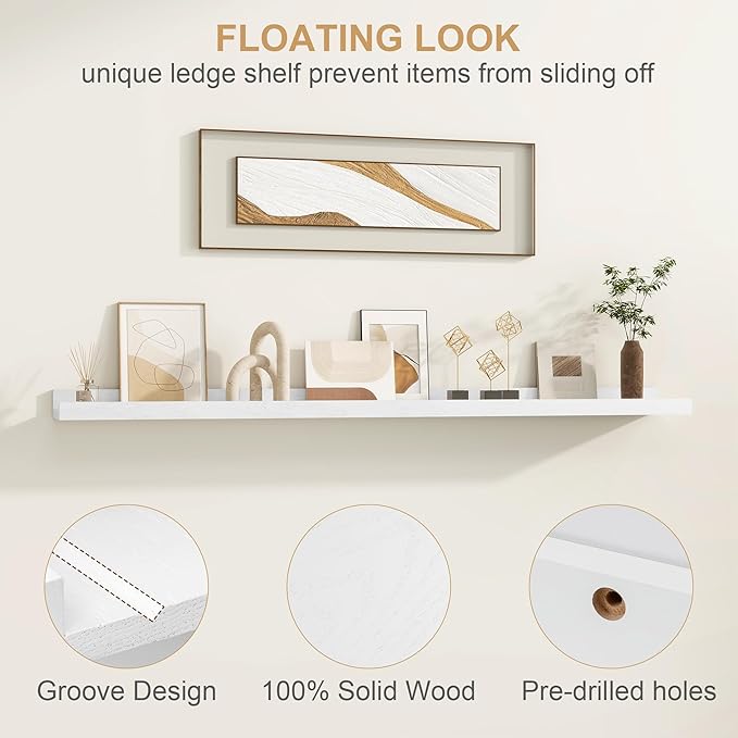 Floating Picture Ledge Shelves 36 Inch Solid Oak Wood Set of 2, Rustic Wall Storage Shelves with Lip, Kids Bookshelf, Photo & Picture Ledge Shelves for Bedroom, Living Room, Kitchen