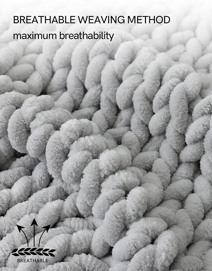 YnM Chunky Throw Blanket, Hand Knitted with Chenille Yarn, Skin Friendly, Ventilated and Breathable, Machine Washable, Home Décor Piece for Couch, Sofa and Bed (Glacier Grey, 60x80 Inch)
