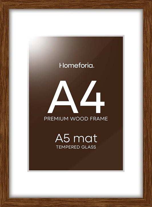 Homeforia A4 Picture Frame Brown Wood, High-End Dark Oak 8.3 x 11.7 Poster Walnut Frames Matted to 5.8 by 8.3 inch Photo, A4 Size Wooden Frame with Mat for A5 Print, Tempered Glass, Wall Kit, Set of 1
