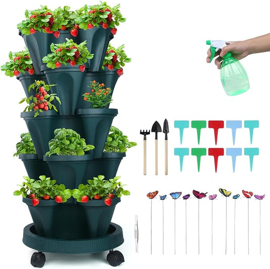 Vertical Planter, 5 Tier Stackable Strawberry Planter with Garden Tool Set, Movable Indoor/Outdoor Garden Herb Pot for Growing Vegetables and Succulents, Green