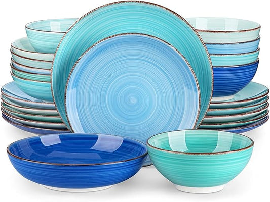vancasso Bonita Dinnerware Set 24 Pieces Blue Stoneware Service for 6, Handpainted Spirals Pattern Stoneware Combination Set