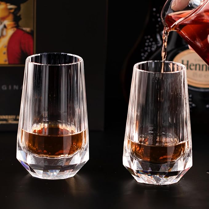 KAMMAK Crystal Whiskey Glasses Set of 2, Handcrafted Shot Glasses Stemless, 3.38oz Hand Blown White Cocktail Glasses, Engagement Gifts for Couples, Women, Men