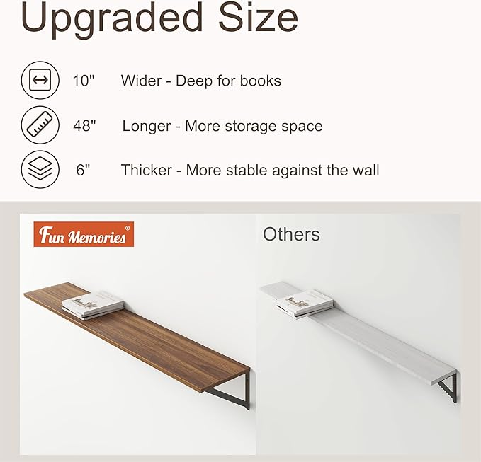 Floating Shelves 48 Inch Long, 10" Deep Floating Shelves, Walnut Wall Shelves 48 x 10, Set of 2, Wide Large Display Storage Shelves for Bathroom, Living Room, Rustic Wood Shelves with Brackets