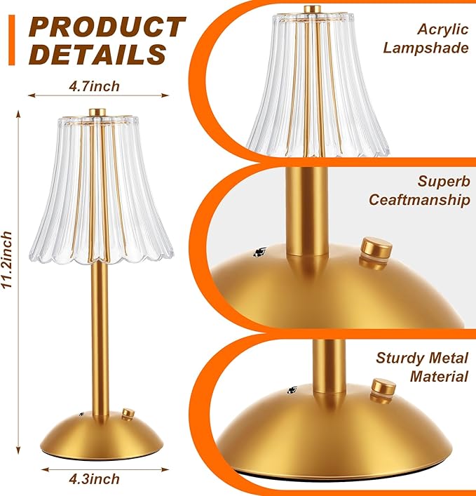 Liliful 2 Pcs LED Portable Cordless Table Lamp Touch Battery Operated Rechargeable Desk Lamp 3 Color Dimmable for Bedroom Living Room Dining (Rose Style,Gold)