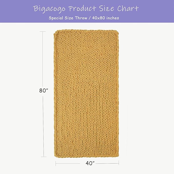 Bigacogo Chunky Knit Throw Blanket for Couch, 40x80 inches, 100% Hand Knitted with Thick Jumbo Chenille Yarn, Cozy Soft Large Rope Knot Cable Crochet Blankets for Sofa Bed Living Room, Mustard Yellow