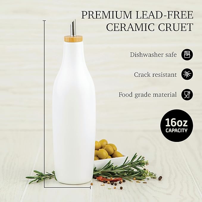 kitchentoolz Ceramic Olive Oil Dispenser Bottle - Vinegar EVOO Soy Sauce Holder - Minimalist White Kitchen Accessories - 16.9 oz Kitchen Oil Cruet Pour Bottle