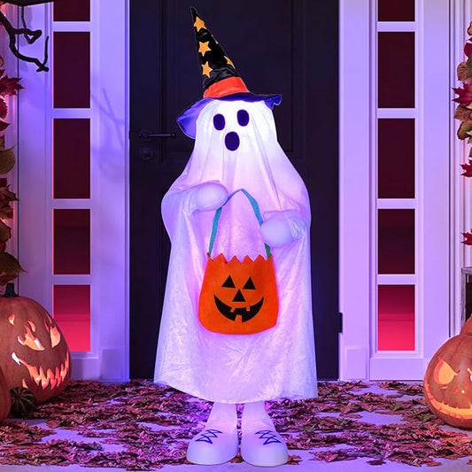 Halloween Decorations Ghost Decor Light-Up Color-Changing Spooky Ghost Porch Decorations Trick or Treater with Candy Pocket, Ghost Halloween Decor for Yard Lawn Home Indoor Outdoor 1PACK 38" H