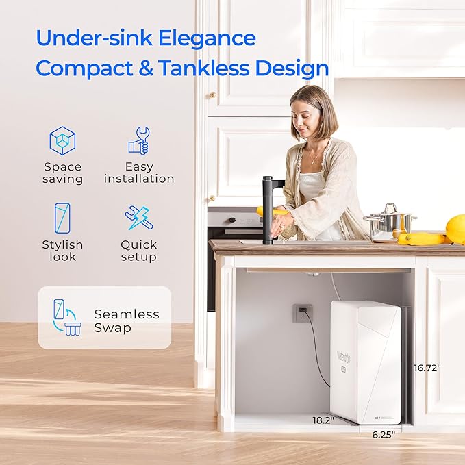 Waterdrop X12-Alkaline Mineral pH+ Tankless Reverse Osmosis System, NSF/ANSI 42&58&372 Certified, 1200 GPD RO Water Filter System, 11-Stage Filtration, 3:1 Pure to Drain, UnderSink, Black Faucet