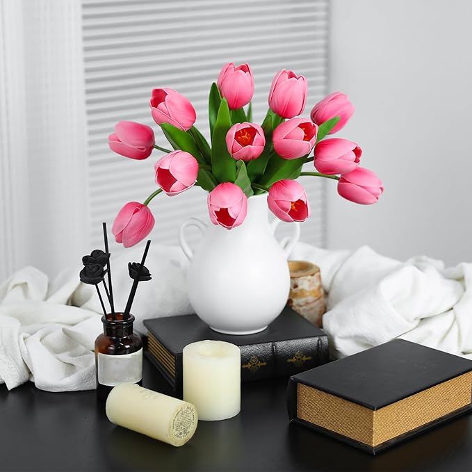 Pink Artificial Tulips, 2 Bundles 14Pcs, Fake Tulips Artificial Flowers, 2 x 2.4 Inch Large Flower Head Big Tulip, Easter Valentine's Day Mother's Day Home Decoration Flowers