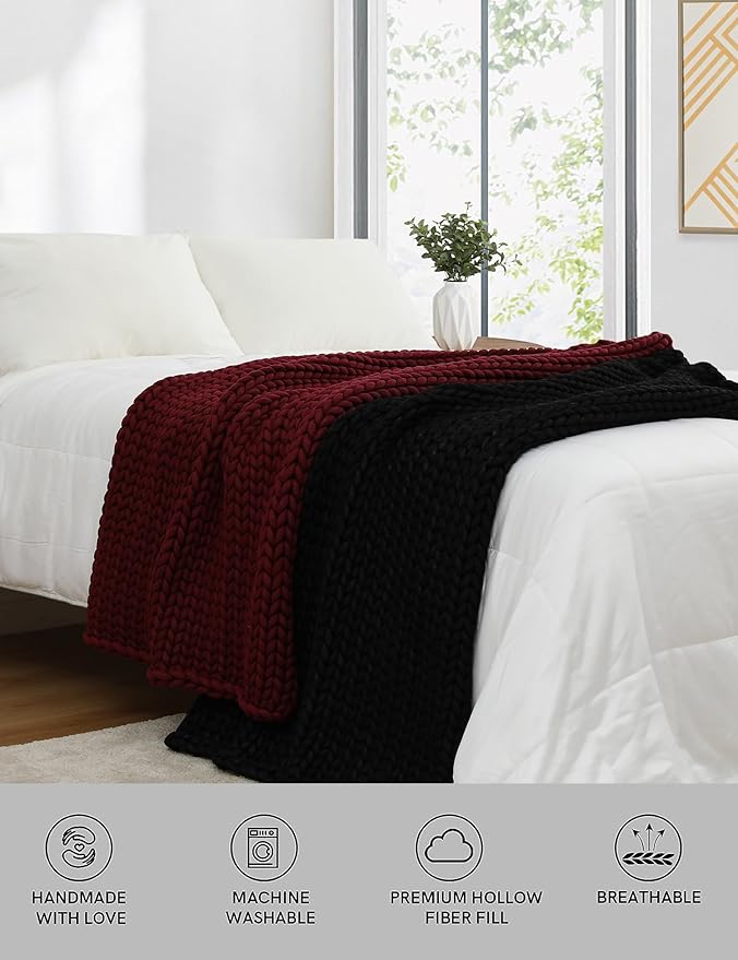 YnM Chunky Throw Blanket, Medium-Weight, Hand Knitted, Skin Friendly, Ventilated and Breathable, Machine Washable, Home Décor Piece for Couch, Sofa and Bed (Black, 50x70 Inch)