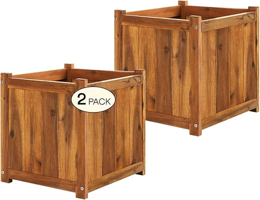 IDZO Set of 2 Acacia Wood Flower Planters for Outdoor Plants, Ergonomic Handles, Drainage Holes, Various Sizes, Ideal for Home Décor, Light Cherry