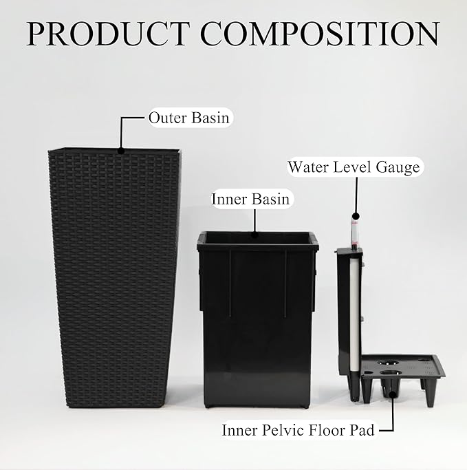 2Pcs 23in High Large Plant Pots Planter-Self-Watering,Modern Planter with Drain Holes,Water Level Monitor,Inner Bucket for Indoor/Outdoor Front Porch Patio,Black Rattan