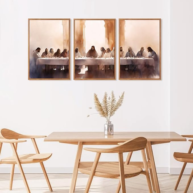 Aurlan Jesus Last Supper Bible Story Wall Art(16"x24"), 3PCS Boho Christ Christian Easter Gifts Canvas Artwork, Neutral Spiritual Religious Faith Decor Prints for Office Home