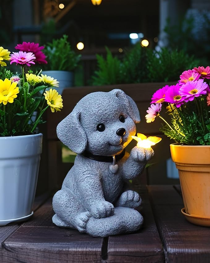 Solar Garden Statue Decor,Animal Solar Lights Outdoor Waterproof,Solar Garden Decorative Lawn Patio, Balcony, Yard Ornament Unique Housewarming Gifts (Dog Butterfly)