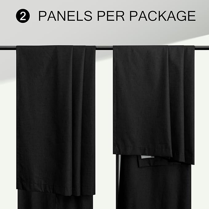 Black Linen Blackout Curtains for Living Room 96 Inches Long 2 Panels Set Back Tab Pleated Textured Thick Drapes Thermal Curtain for Summer Heat Floor Length Bedroom Black Out Curtain Modern Farmhouse