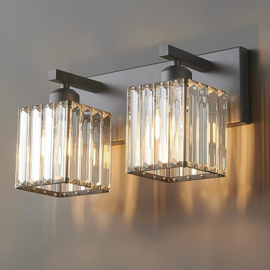 Modern Bathroom Vanity Light 2-Lights Black Crystal Bathroom Wall Light Vanity Light Fixtures，12.59-inch Modern Minimalist Design