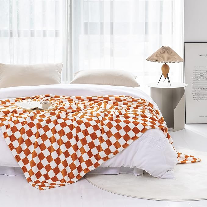 LOMAO Throw Blankets Flannel Blanket with Checkerboard Grid Pattern Soft Throw Blanket for Couch, Bed, Sofa Luxurious Warm and Cozy for All Seasons (Orange, 90"x90")