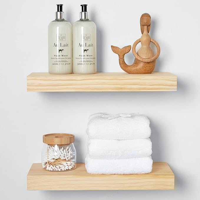Homeforia Wood Floating Shelf 16 inch, High End Solid Natural Wood 16inch Floating Shelves for Wall Mounted, Unfinished Wooden Small Floating Shelves, Heavy Duty Bracket, 16 X 6.5 X 1.75 in, Set of 4