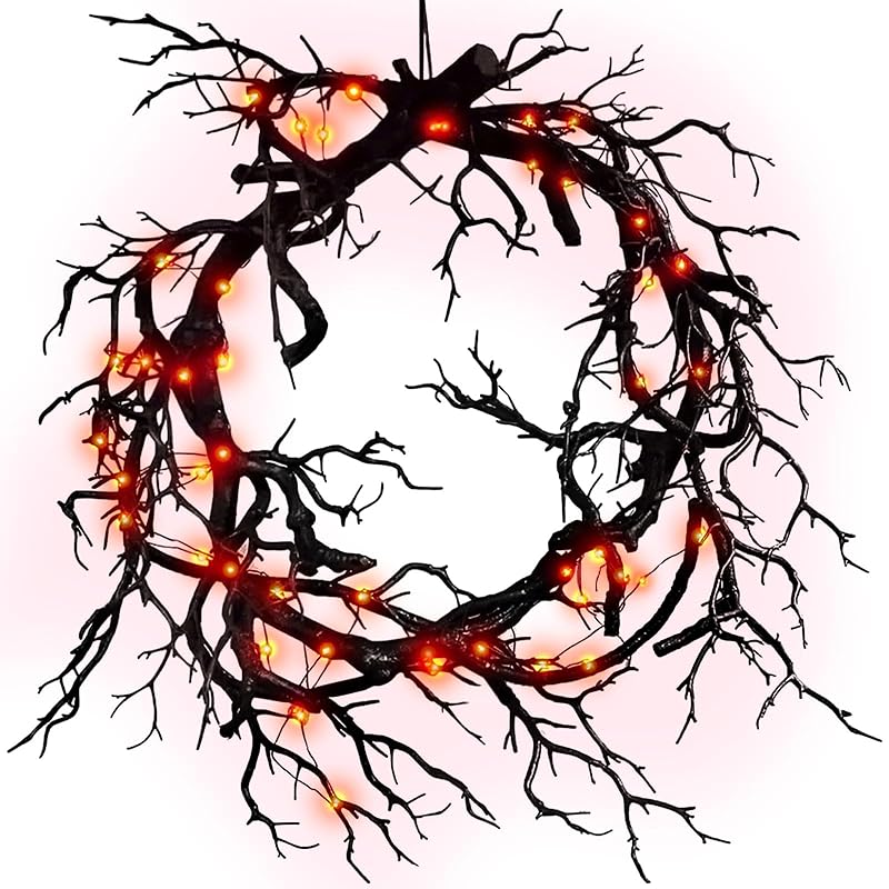Halloween Black Branch Wreath Signs for Front Door with Red Lights,Handcrafted Halloween Horror Wreath for Indoor Outdoor Party Window Wall Decor Farmhouse Garland Yard