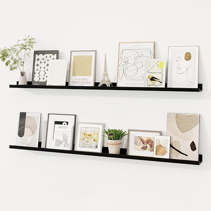 Picture Ledge Shelf, Solid Pine Wood Floating Shelves Set of 2, 48 Inches Nursery Book Shelves for Toys Storage, Kids Bookshelf Wall Mounted for Living Room Bedroom Decor Books Photo Frames, Black