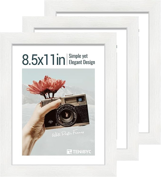8.5x11 Picture Frame Set of 3 - White Woodgrain, Solid Wood & HD Tempered Glass, Table Display or Wall Hanging