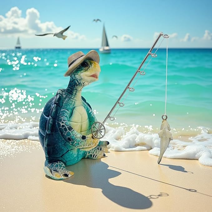 Turtle Fishing Decor, Summer Garden Statues, Nautical Coastal Beach Decorations, Home Office Decor Gifts, Bookshelf Desk Bathroom Tabletop Statue Ornament (Turtle Fishing)