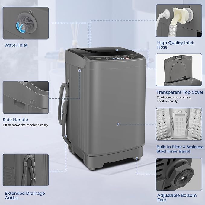 Nictemaw Portable Washing Machine 20Lbs Portable Washer Machine with Drain Pump, 2.8 Cu.ft Compact Washing Machine with 10 Programs 8 Water Levels Laundry Machine for Apartment, Home, Dorms, Rv
