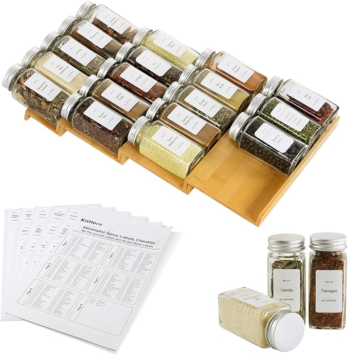 Spice Drawer Organizer with 18 Spice Jars,216 Labels,50 Non-slip Rubber, Bamboo 4 Tier Seasoning Rack Tray Insert for Kitchen Drawers,Cabinets,Countertop,9" Wide x 15.8" Deep