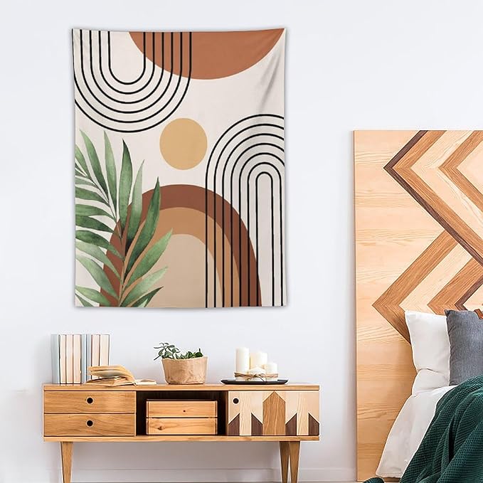 Abstract Bohemian Mid Century Tapestry, Tropical Leaves Modern Geometric Archway Minimalist Bohemian Botanical Aesthetic Wall Hanging, Sage Green Gold Home Decor Art for Bedroom 40x60 Inch
