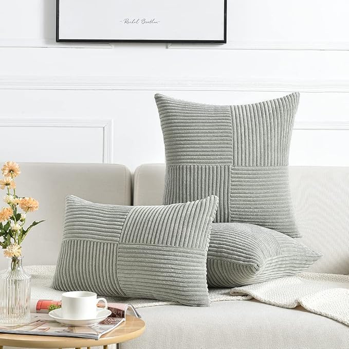 Fancy Homi 2 Packs Grey Decorative Throw Pillow Covers 18x18 Inch for Living Room Couch Bed Sofa, Rustic Farmhouse Boho Home Decor, Soft Corss Corduroy Patchwork Textured Square Cushion Case 45x45 cm