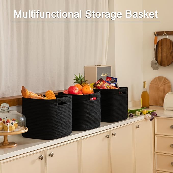 OIAHOMY Storage Cubes 11 Inch Storage Bins-3-Pack, Cotton Rope Woven Baskets for Organizing, Square Storage Baskets for Shelves Organizer, Classroom, Kids Toy Bins, Closet, Baby Nursery-Black