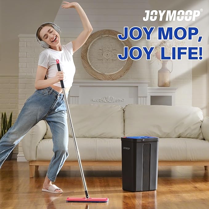 JOYMOOP Mop and Bucket with Wringer Set, Hands Free Flat Floor Mop and Bucket, with 4 Washable Microfiber Pads, Wet and Dry Use, Floor Cleaning System - Black+Red+Slate Blue