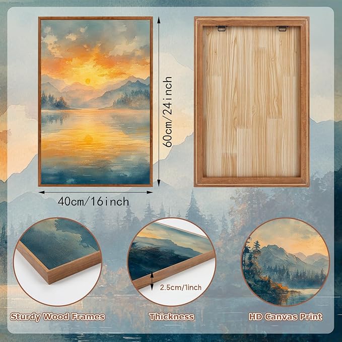 KAlRNE Sunset Mountain Canvas Wall Art,Abstract Scenery Wall Painting,Blue Landscape Lake Pictures,Watercolor Mountains Forests Art Prints For Living Room Bedroom Office Decoration - Framed 16X24 Inch