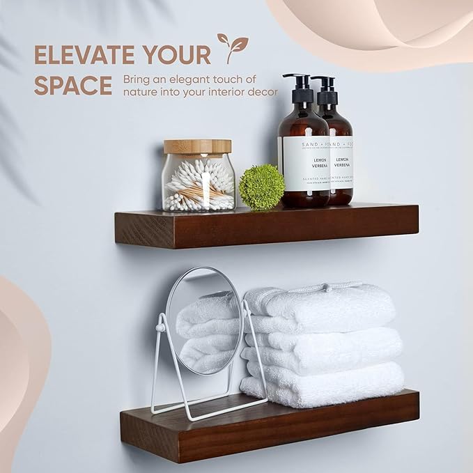 Homeforia Walnut Floating Bathroom Shelves, High End Solid Real Wood 16 inch Small Floating Shelf for Wall Mounted, Dark Brown 16inch Floating Shelves, Heavy Duty Bracket, 16 X 6.5 X 1.75 in, Set of 3
